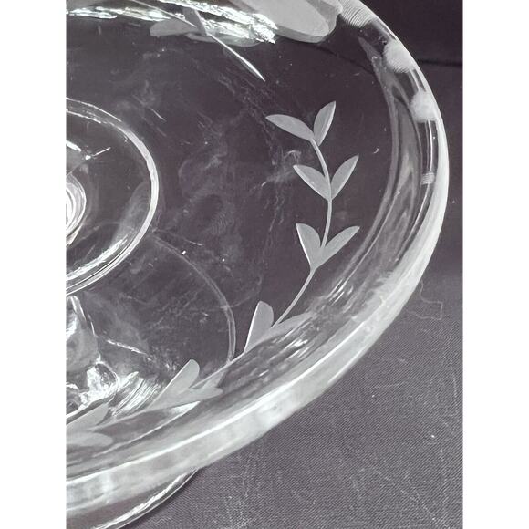 Vintage Glass Compote Bowl With Etched Floral Leaf Design - Picture 8 of 9